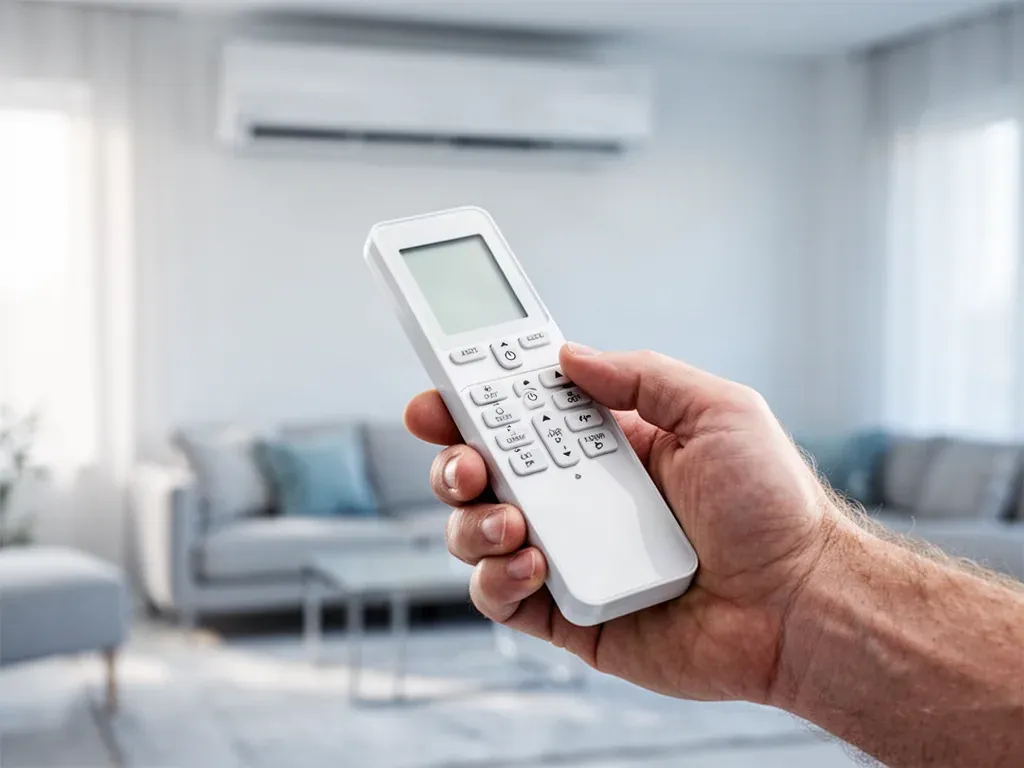 Dłoń trzymająca nowoczesny pilot do klimatyzatora LG na tle minimalistycznego salonu.