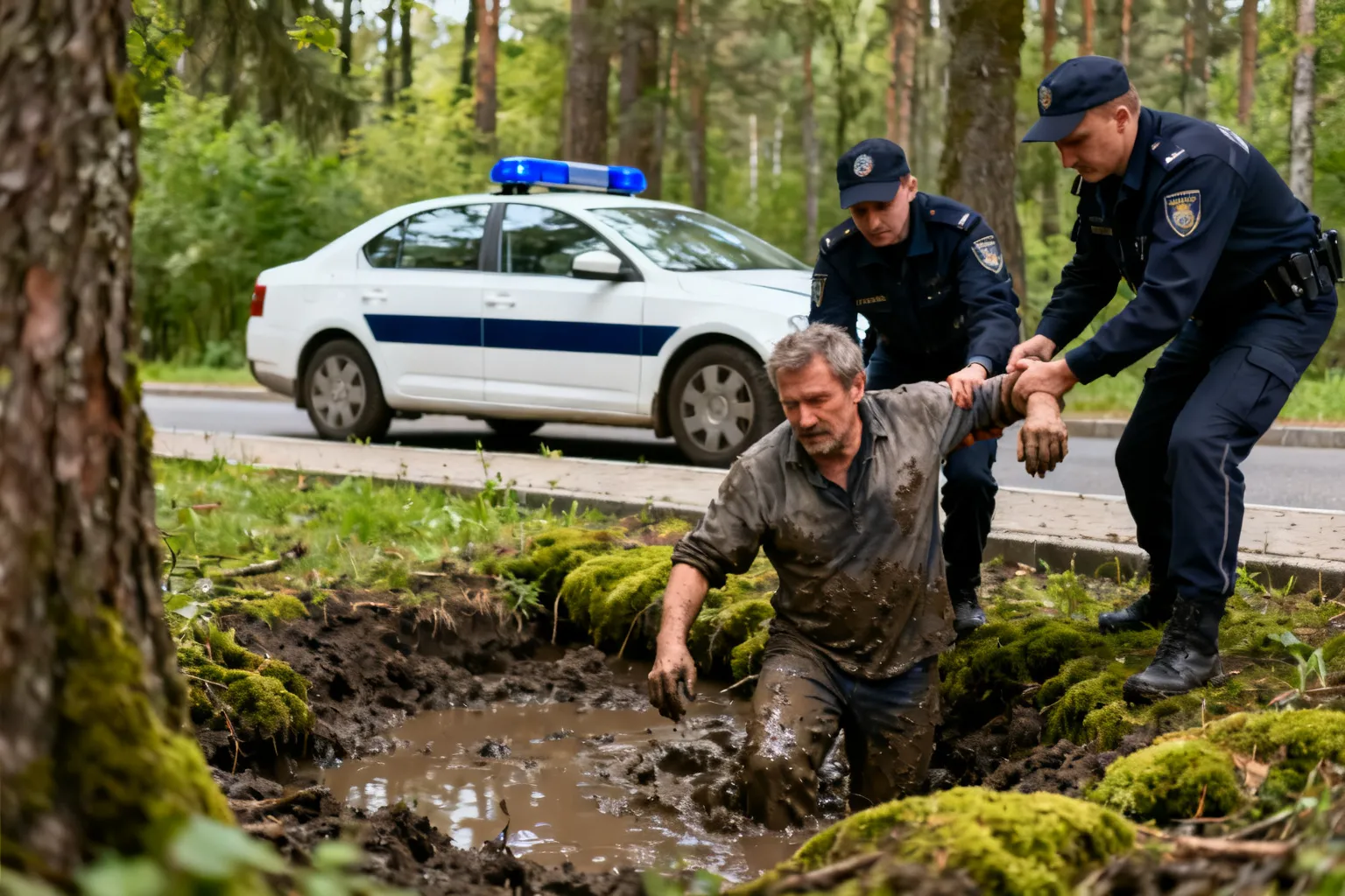 Dzielnicowi odnaleźli grzybiarza, który wpadł do bagna podczas pobytu w lesie