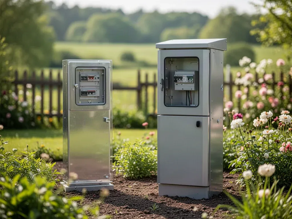 Nowoczesna skrzynka elektryczna na tle słonecznego ogrodu, gotowa do podłączenia instalacji na działce.