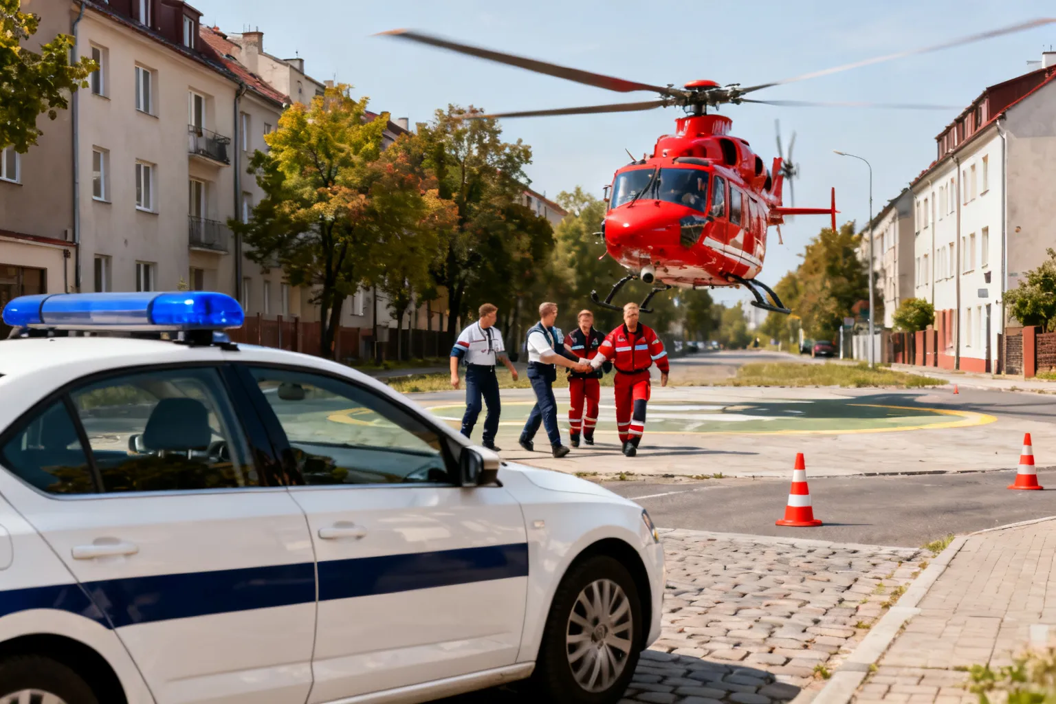 Lądowanie śmigłowca LPR na wąskiej ulicy w Miliczu